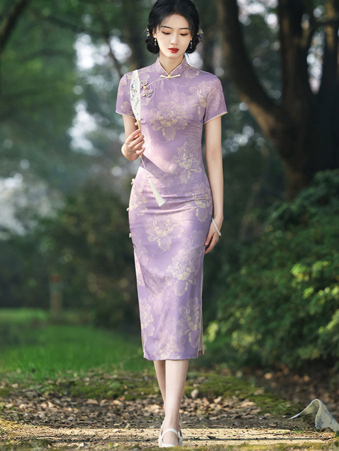 Purple Floral Print Midi Cheongsam Qipao Dress