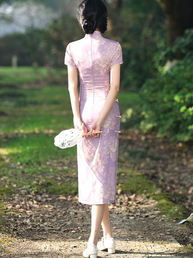 Purple Floral Print Midi Cheongsam Qipao Dress