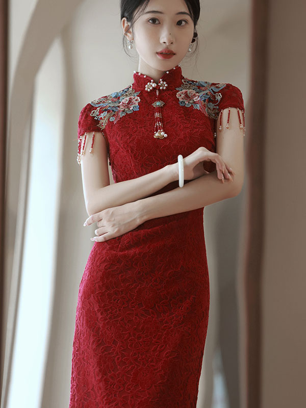 Red Lace Embroidered Floral Wedding Qipao Cheongsam Dress