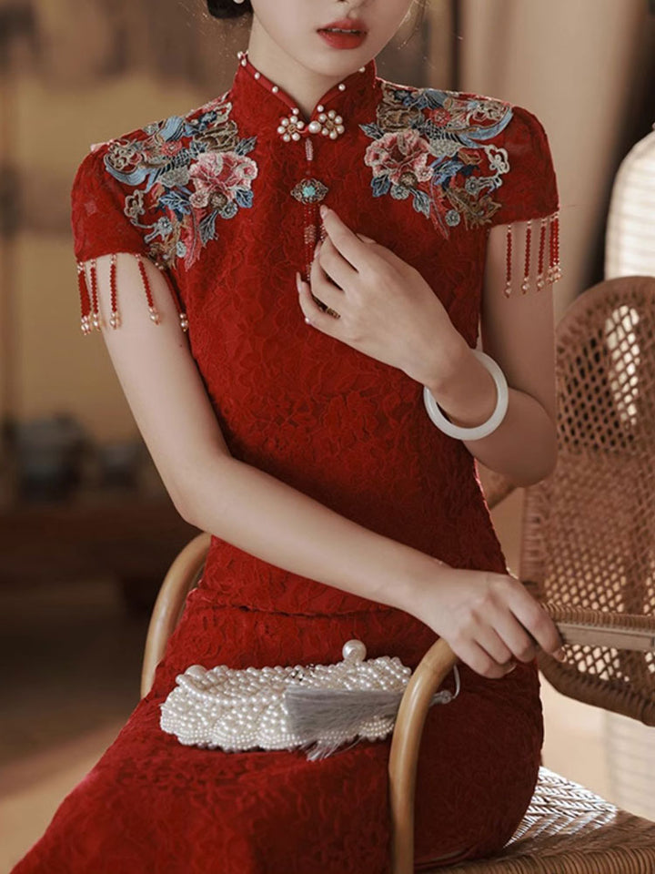 Red Lace Embroidered Floral Wedding Qipao Cheongsam Dress