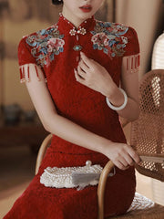 Red Lace Embroidered Floral Wedding Qipao Cheongsam Dress