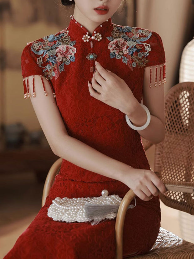 Red Lace Embroidered Floral Wedding Qipao Cheongsam Dress