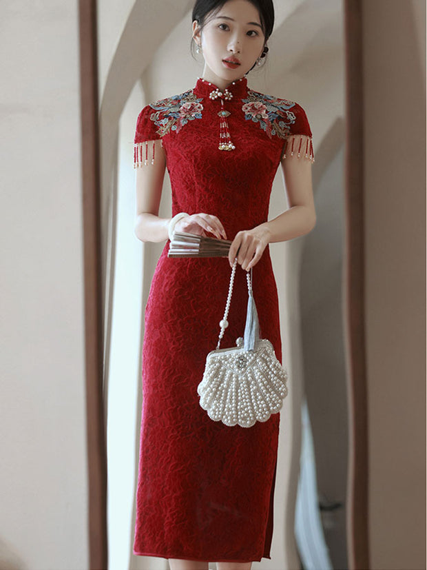 Red Lace Embroidered Floral Wedding Qipao Cheongsam Dress