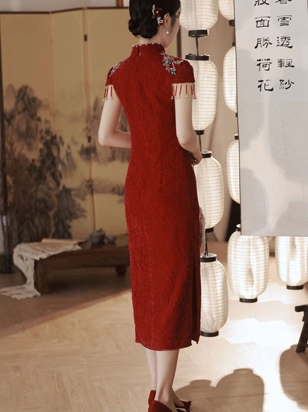Red Lace Embroidered Floral Wedding Qipao Cheongsam Dress