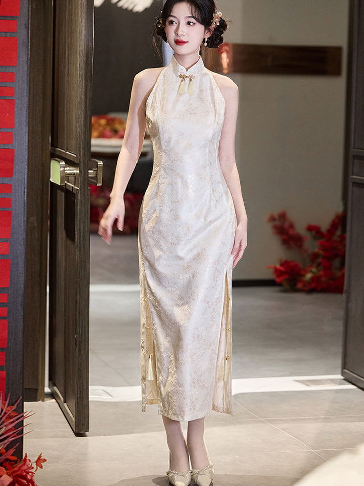 Jacquard Floral Halter Cheongsam Qipao Dress