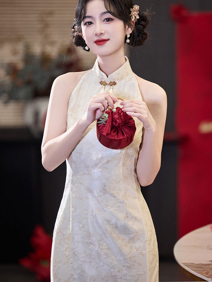 Jacquard Floral Halter Cheongsam Qipao Dress