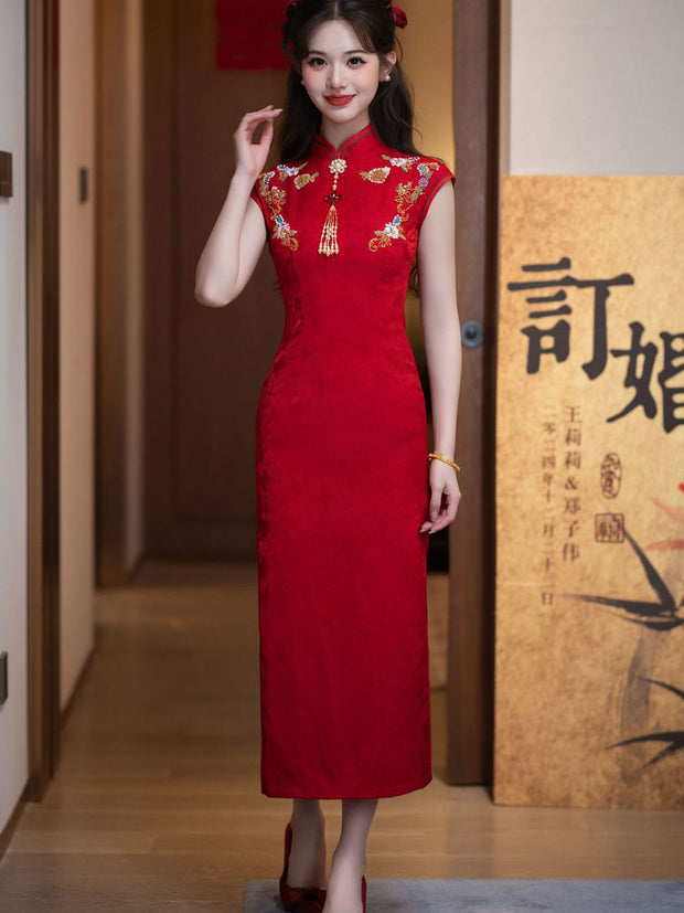 Red Jacquard Appliques Wedding Bridal Cheongsam Qipao Dress