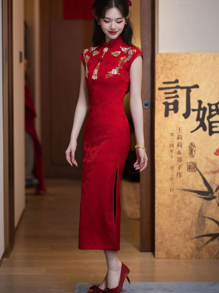 Red Jacquard Appliques Wedding Bridal Cheongsam Qipao Dress