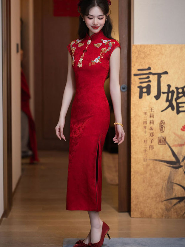 Red Jacquard Appliques Wedding Bridal Cheongsam Qipao Dress