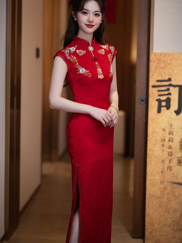 Red Jacquard Appliques Wedding Bridal Cheongsam Qipao Dress