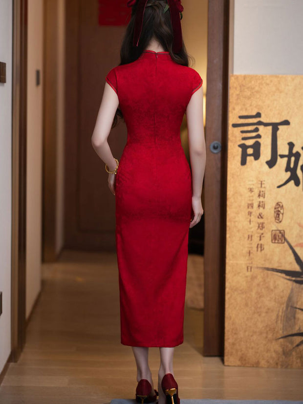 Red Jacquard Appliques Wedding Bridal Cheongsam Qipao Dress