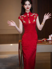 Red Jacquard Appliques Wedding Bridal Cheongsam Qipao Dress