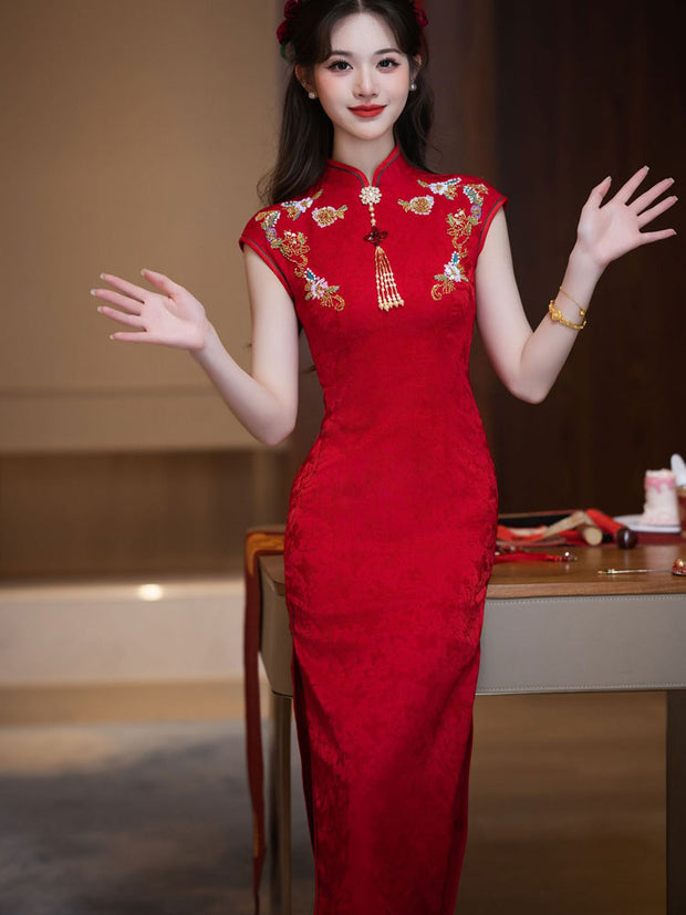 Red Jacquard Appliques Wedding Bridal Cheongsam Qipao Dress