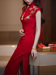 Red Jacquard Appliques Wedding Bridal Cheongsam Qipao Dress