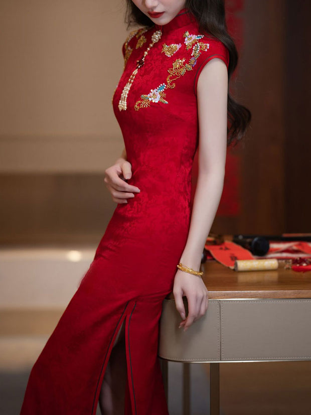 Red Jacquard Appliques Wedding Bridal Cheongsam Qipao Dress