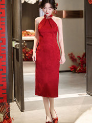 Red Jacquard Halter Midi Bridal Cheongsam Qipao Dress
