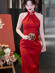 Red Jacquard Halter Midi Bridal Cheongsam Qipao Dress