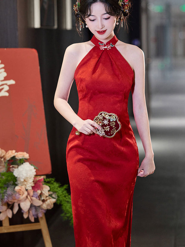 Red Jacquard Halter Midi Bridal Cheongsam Qipao Dress