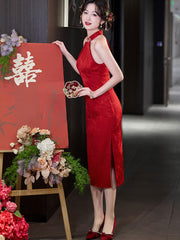 Red Jacquard Halter Midi Bridal Cheongsam Qipao Dress