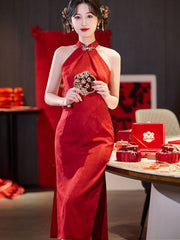 Red Jacquard Halter Midi Bridal Cheongsam Qipao Dress