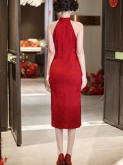 Red Jacquard Halter Midi Bridal Cheongsam Qipao Dress