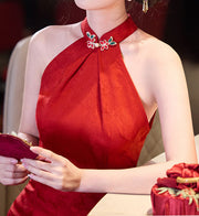 Red Jacquard Halter Midi Bridal Cheongsam Qipao Dress