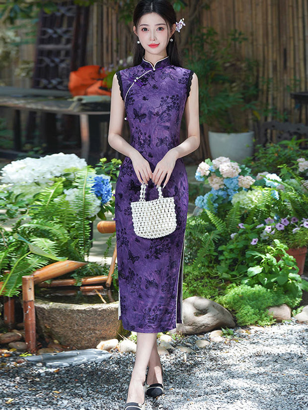 Green Purple Floral Print Qipao Cheongsam Dress