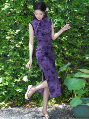 Green Purple Floral Print Qipao Cheongsam Dress