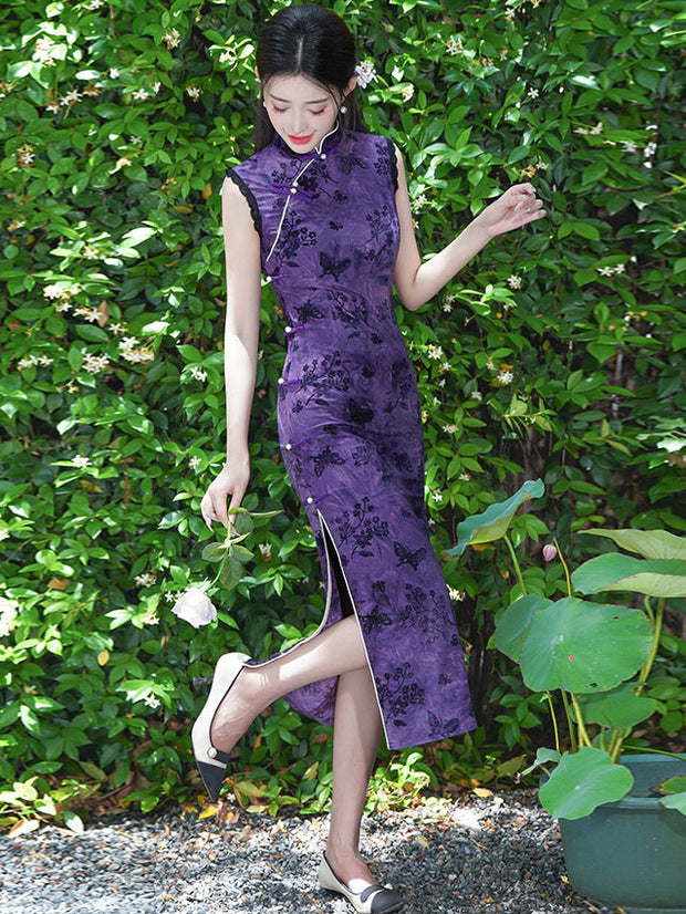 Green Purple Floral Print Qipao Cheongsam Dress