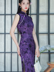 Green Purple Floral Print Qipao Cheongsam Dress