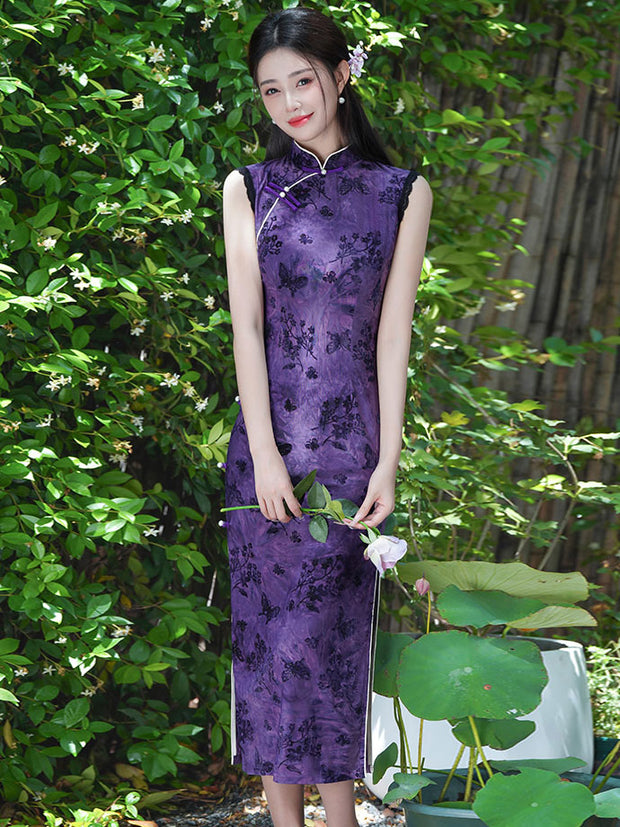 Green Purple Floral Print Qipao Cheongsam Dress