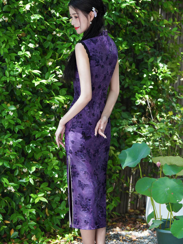 Green Purple Floral Print Qipao Cheongsam Dress