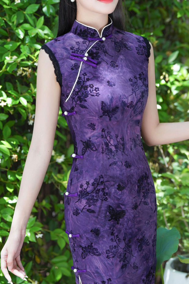 Green Purple Floral Print Qipao Cheongsam Dress