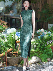 Green Purple Floral Print Qipao Cheongsam Dress