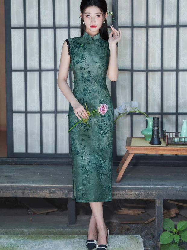 Green Purple Floral Print Qipao Cheongsam Dress