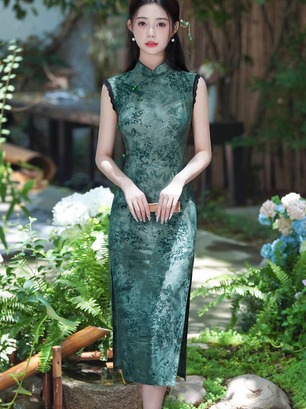 Green Purple Floral Print Qipao Cheongsam Dress