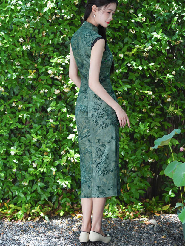 Green Purple Floral Print Qipao Cheongsam Dress