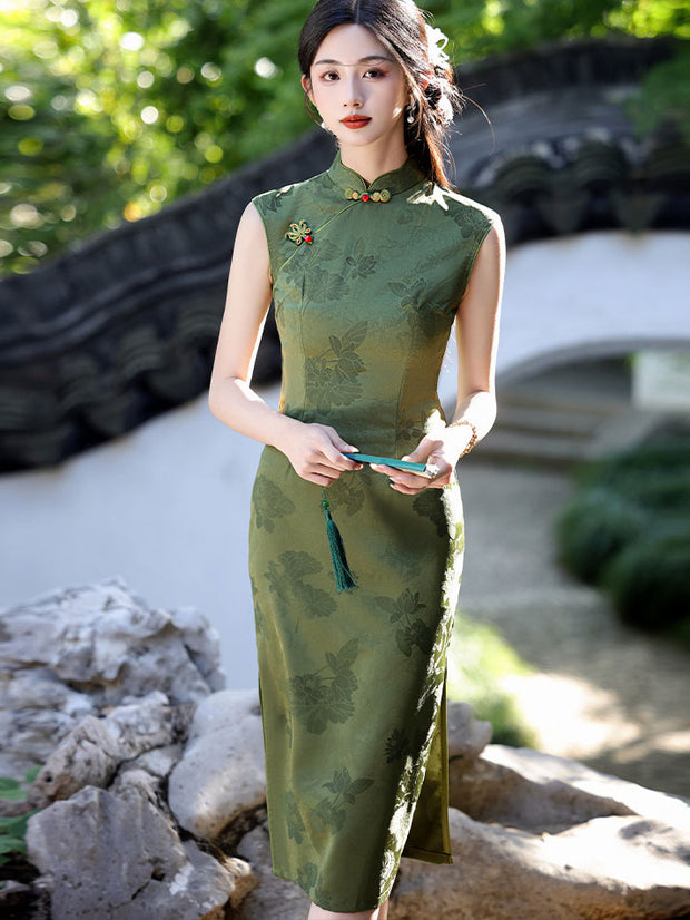 Green Red Lotus Print Midi Qipao Cheongsam Dress