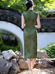Green Red Lotus Print Midi Qipao Cheongsam Dress