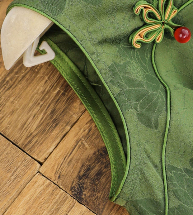 Green Red Lotus Print Midi Qipao Cheongsam Dress