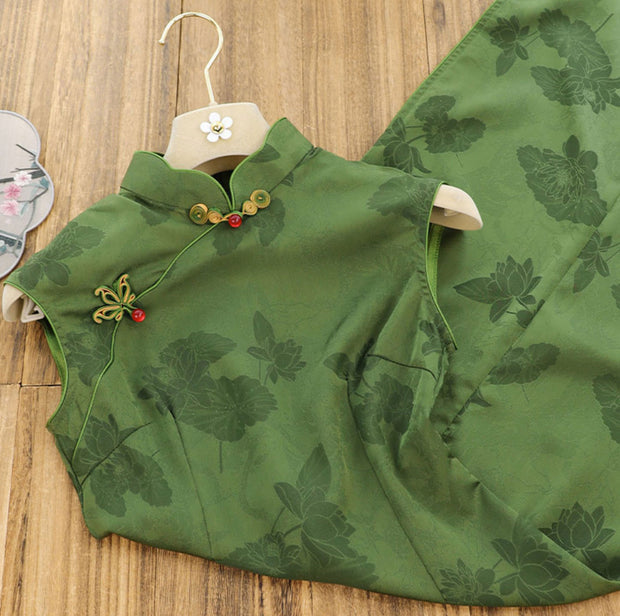 Green Red Lotus Print Midi Qipao Cheongsam Dress