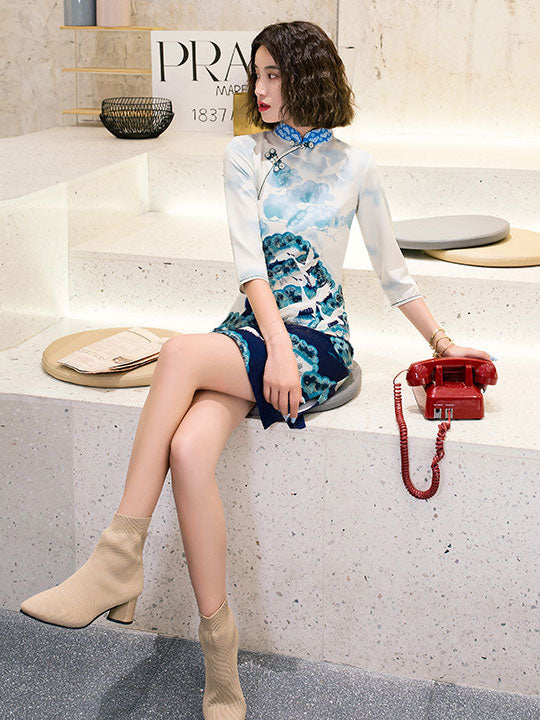 Clearance Vintage Print Cheongsam Qipao Dress