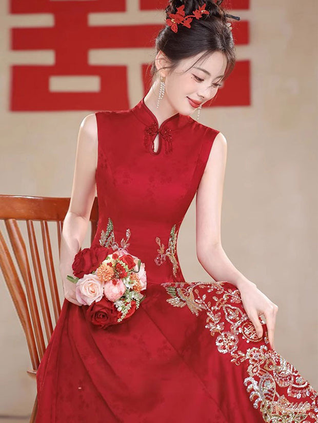 Custom Made Jacquard Appliques A-Line Wedding Cheongsam Dress