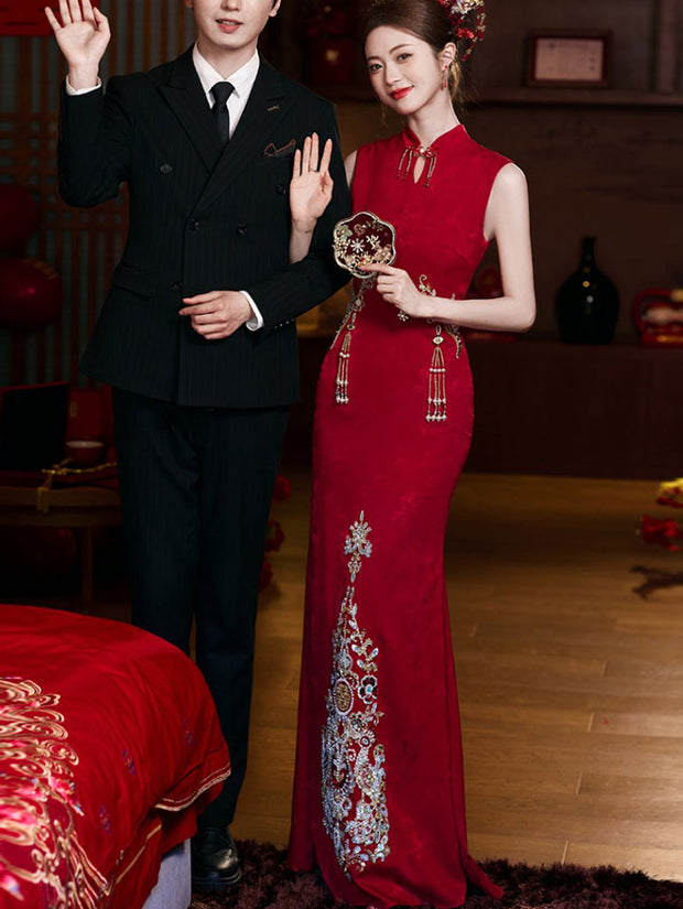 Jacquard Appliques Fishtail Wedding Qipao Cheongsam Dress