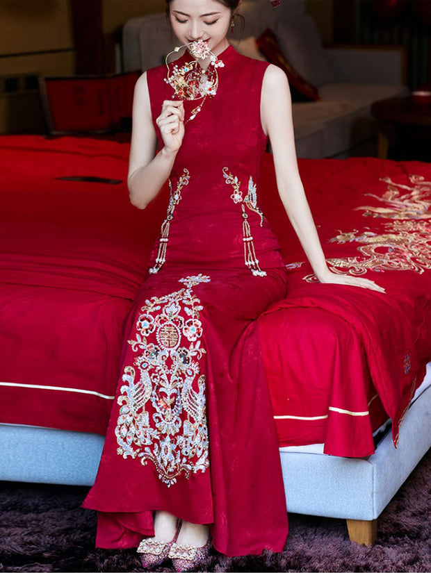Jacquard Appliques Fishtail Wedding Qipao Cheongsam Dress