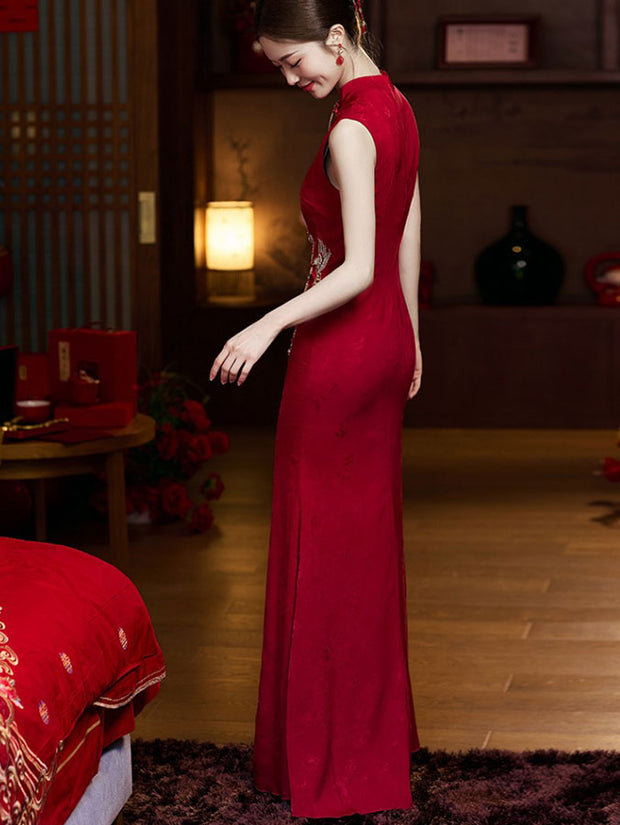 Jacquard Appliques Fishtail Wedding Qipao Cheongsam Dress