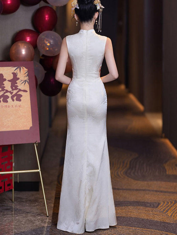 Jacquard Appliques Fishtail Wedding Qipao Cheongsam Dress
