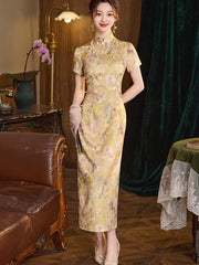 Purple Yellow Floral Print Cheongsam Qipao Dress