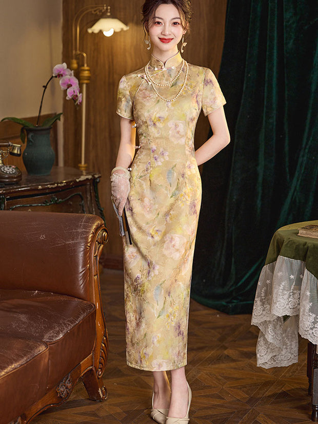 Purple Yellow Floral Print Cheongsam Qipao Dress