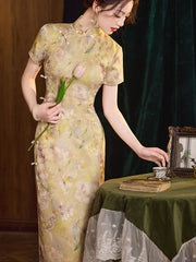 Purple Yellow Floral Print Cheongsam Qipao Dress